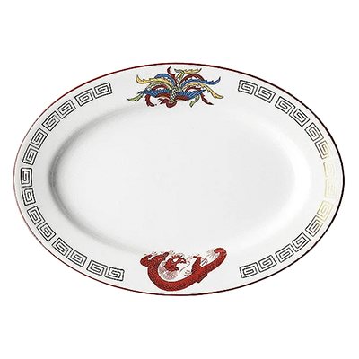 Chinese tableware/Asian tableware Large plate Kinkaminarimon Tamabuchi 10 inch platter Oval plate-Kinsho Pottery Co., Ltd.