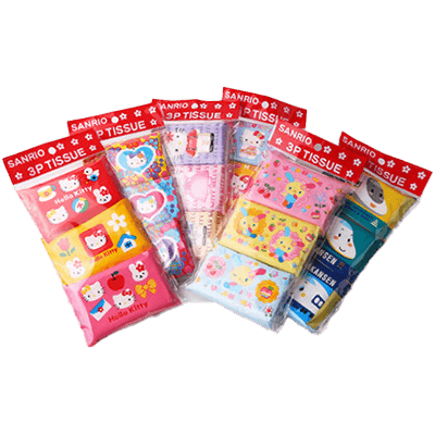 サンリオ 3Pティッシュ (小売向け) ハローキティ／ウ・サ・ハ・ナ／しんかんせん 等-オリエンタル紙業株式会社
