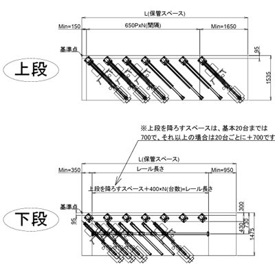 自転車ラック (駐輪機) 垂直2段上段自動折畳み式 下段前入れ (45度振り) タイプ CS2AF-1A45型-株式会社オービック･ジャパン