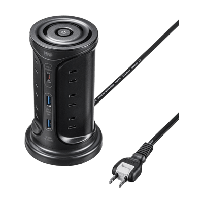電源タップ (2極タイプ) USB充電機能付きタワー型タップ TAP-B112C1A2BK/W-サンワサプライ株式会社