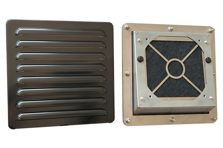 薄型IP45仕様 鋼板製 防塵網セット fan仕様 通気ルーバー VTR-2525CA-FF-株式会社カメダデンキ