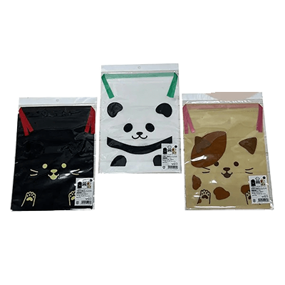100円ショップ商品 包装紙・巾着バッグ ラッピング 巾着バッグ 12枚入 アップリケ アニマル パンダ ミケネコ 黒猫 H-OC28035-株式会社包む