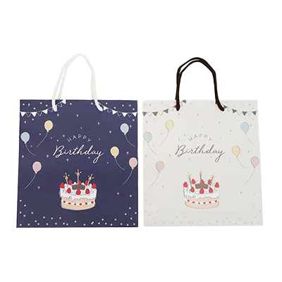 100円ショップ商品 手提げ紙袋 紙袋 手提げ 10枚入 バースデーケーキ 白 ネイビー Mサイズ H-YG025-株式会社包む