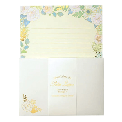 ステーショナリー レターセット 手紙 箔押し 花 ホワイト グリタリングフラワー ポライト 便箋 封筒 H-TL009-株式会社包む