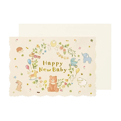 ステーショナリー メッセージカード 出産祝い ベビー リトルアニマル 動物 赤ちゃん 箔押し H-TC0H2-株式会社包む