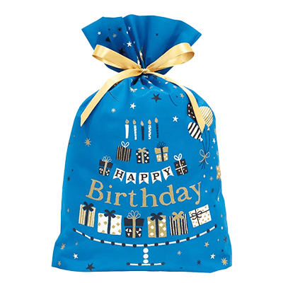 ラッピング 巾着バッグ ラッピング袋 バースデー ウイッシュ 誕生日 プレゼント 青 H-TD023-株式会社包む