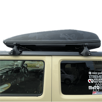 新型ジムニーにぴったりサイズ 中型ルーフボックス ブラック迷彩 ラプターライナー塗装-アトリエアールヌーボー