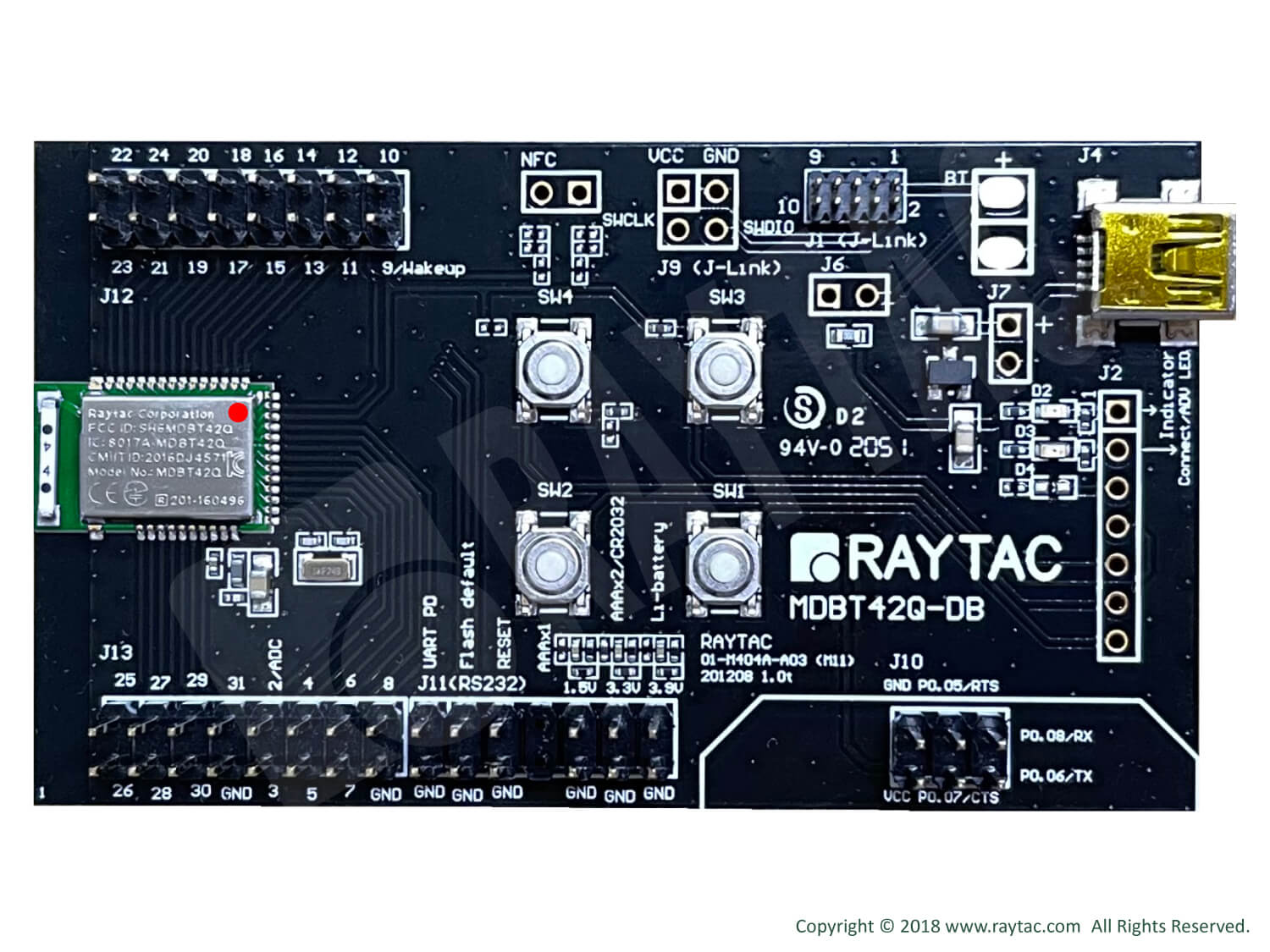 【技適取得済】Raytac Bluetooth Low Energy 開発ボード(Nordic SoC)-MDBT42Q-AT2-UART-S (Nordic nRF52810 SoC搭載）AT-Command制御　開発ボード