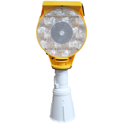 ソーラー式大型工事灯・高輝度LED・赤回転/連続点滅/遅点滅/早点滅・4モード切替 (片サイド上部輪っか/はかま付)-株式会社JGサービス