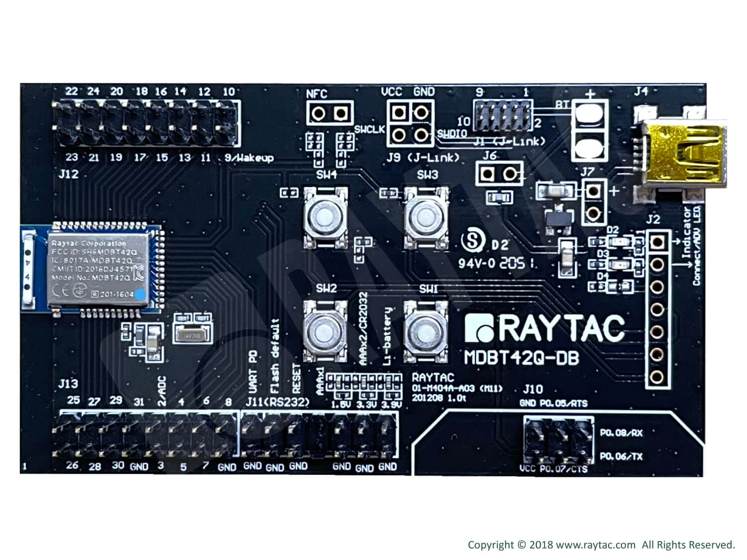 【技適取得済】Raytac Bluetooth Low Energy 開発ボード(Nordic SoC)-MDBT42Q-AT-UART-M (Nordic nRF52832 SoC搭載）　AT-Command制御開発ボード