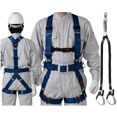 墜落制止用器具 ハーネス型 (2丁掛け 第2種) 輝II (肩・腰パット無し) 軽量バックル (SK) /ショックアブソーバ付伸縮ランヤード-TRYS株式会社