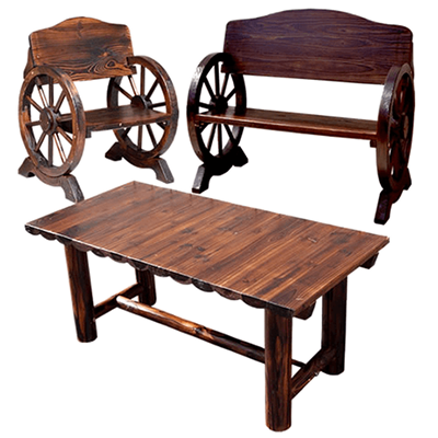 ガーデンファニチャー 天然木車輪ベンチ大＆車輪ベンチ小＆テーブル3点セット・ダークブラウン WBT1100-3PSET-株式会社JGサービス