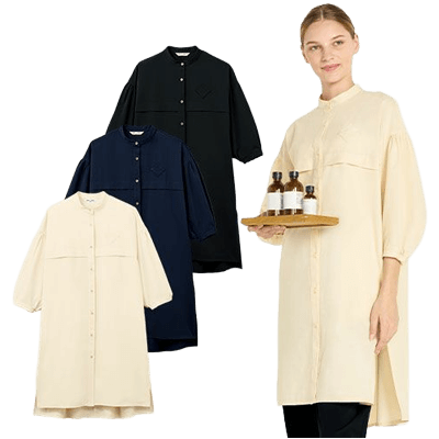 飲食店ユニフォーム シャツ・ブラウス スタンドカラー 七分袖 レディース ロングシャツ 女-TRYS株式会社