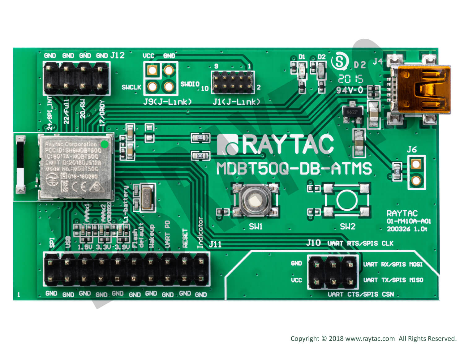【技適取得済】Raytac Bluetooth Low Energy 開発ボード(Nordic SoC)-MDBT50Q-DB-ATMS (Nordic nRF52833搭載）AT Command制御開発ボード